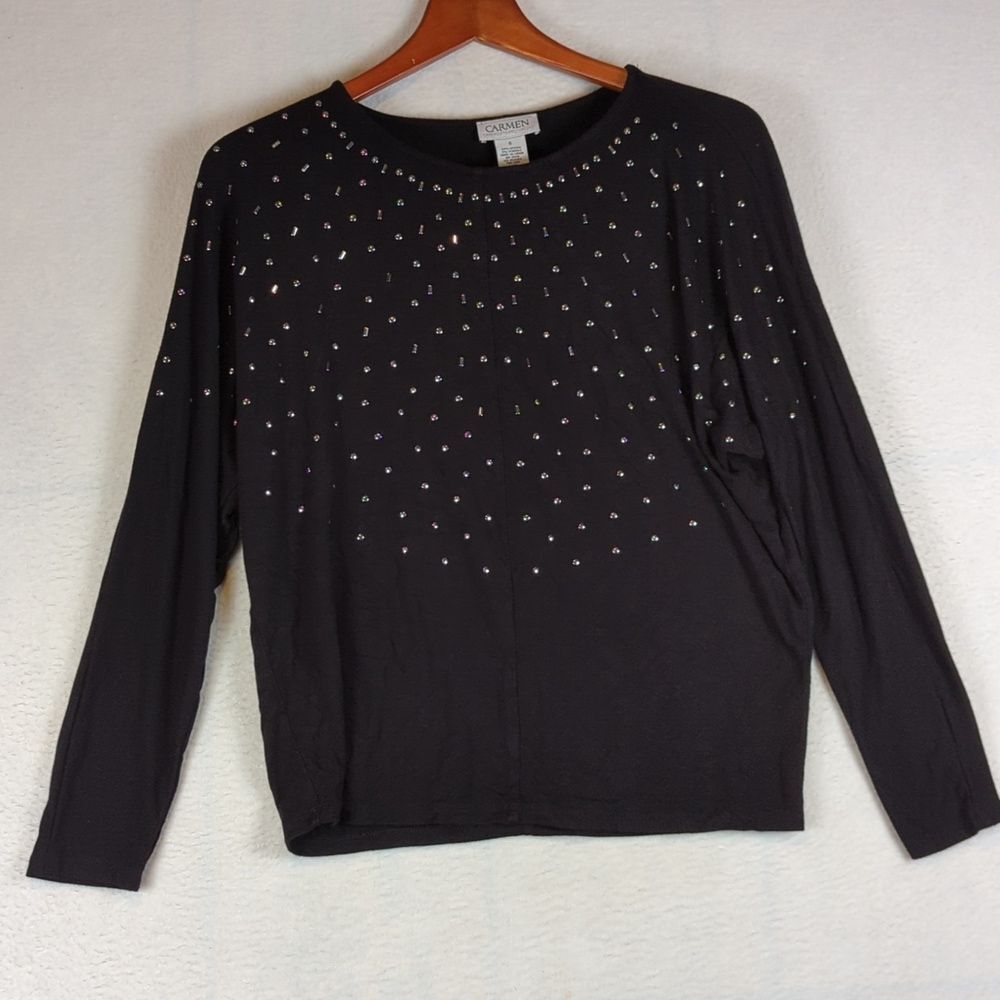 Carmen Marc Valvo Black Silver Studded Long Sleeve Shirt S